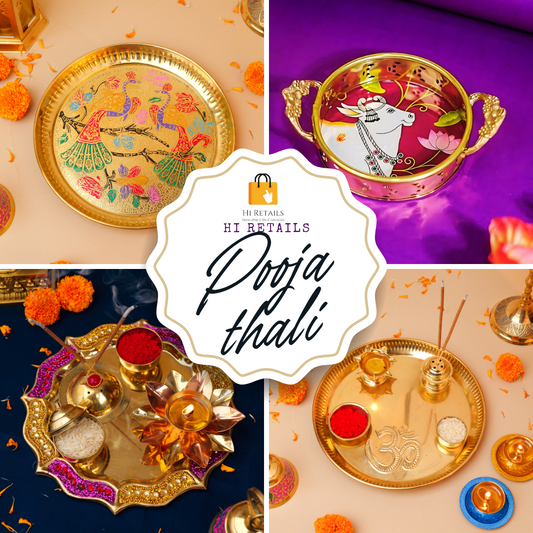 Luxurious brass pooja thali set from Hi Retails, featuring essential accessories for Hindu worship at www.hiretails.com