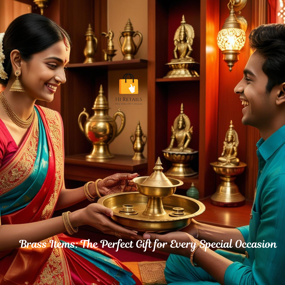 Indian woman gifting a beautiful brass pooja thali to a young man in a stylish home decor setting at www.hiretails.com