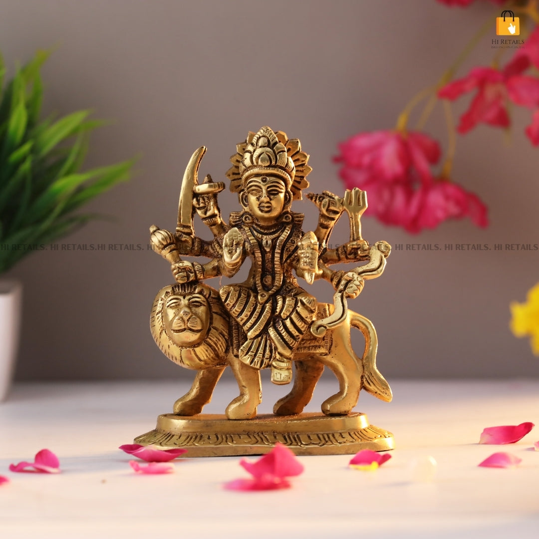 Brass Durga Maa Idol on Lion Base for Spiritual Decor | Premium Brass Durga Statue for Pooja and Home Decor AT WWW.HIRETAILS.COM