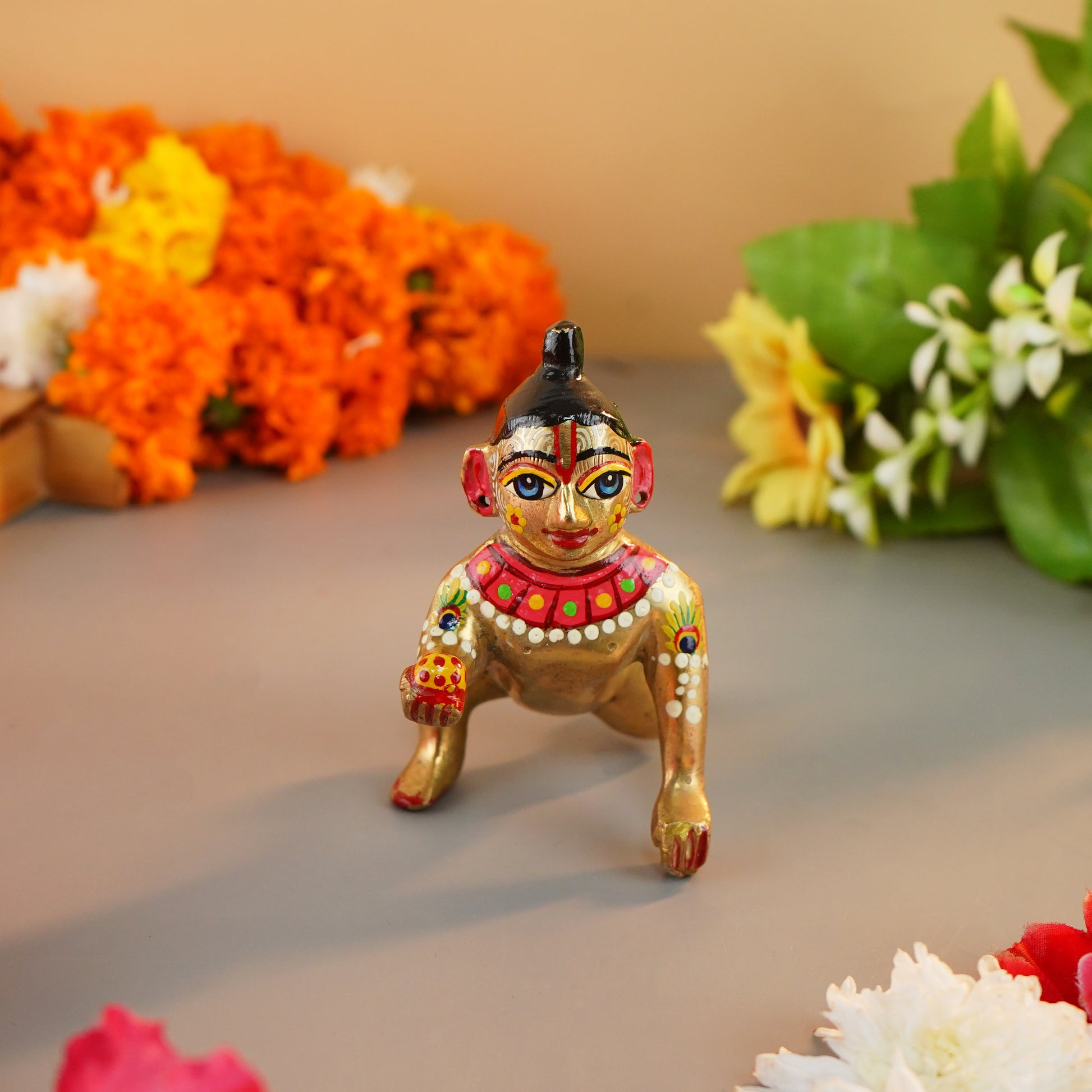 Brass Laddu Gopal Idol with Colorful Detailing for Pooja and Home Temple Decor | Traditional Lord Krishna Statue at www.hiretails.com