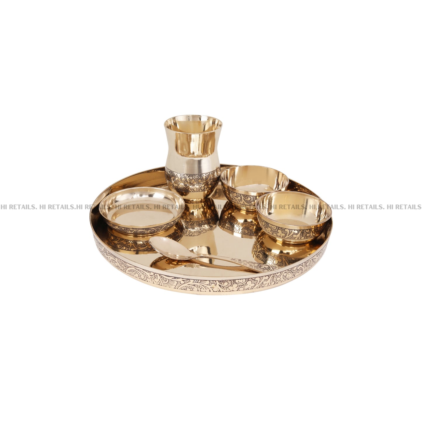 Kansa Thali Set - 6 Pieces, an exquisite set for pooja and religious ceremonies, made with premium kansa metal for elegance and longevity. Available at www.hiretails.com.