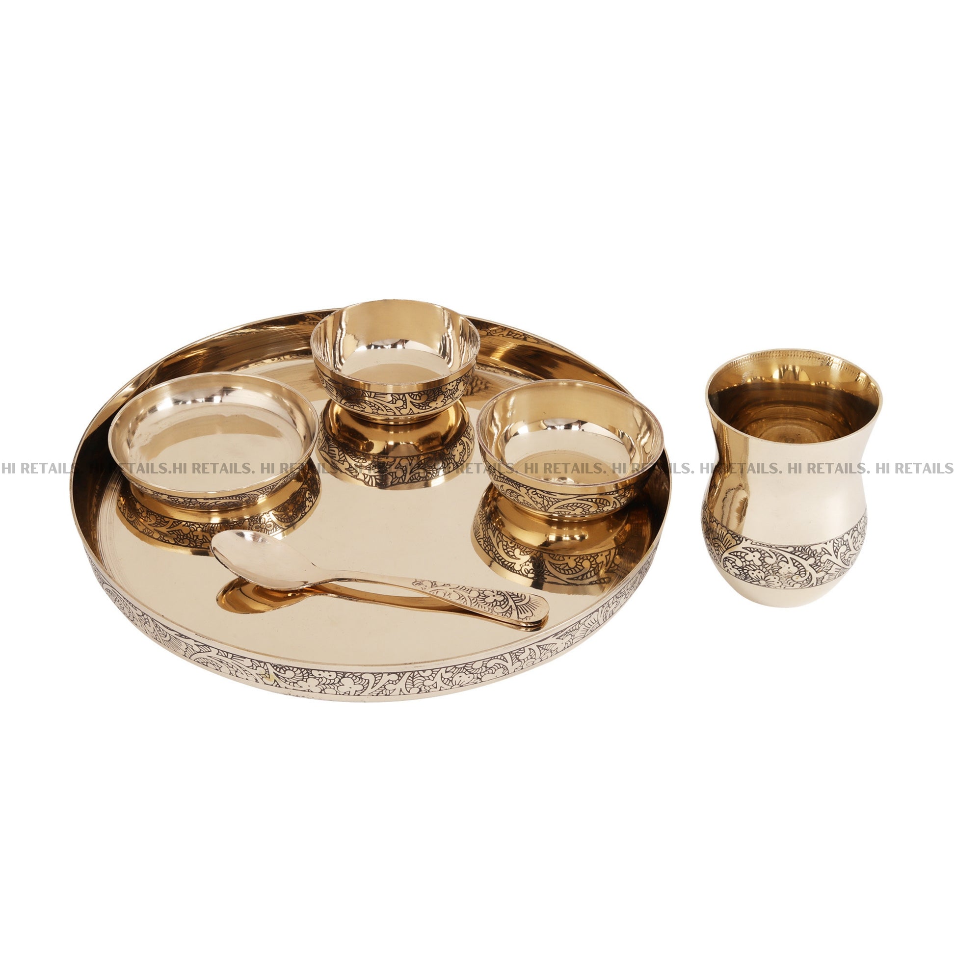 Traditional Kansa Thali Set - 6 Pieces, designed to enhance your pooja rituals and festive decor with its timeless elegance. Available at www.hiretails.com.